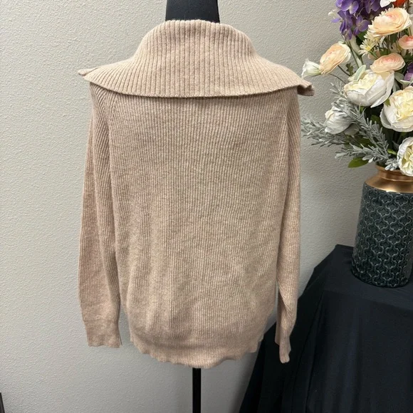 Beige Ribbed Half Zip Collared Sweater XXL | Cozy Fall Winter Knit Pullover - Picture 5 of 10